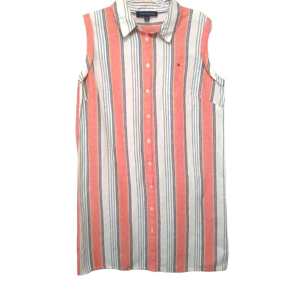 Tommy Hilfiger Orange White Stripe Linen and Cotton Sleeveless Shift Dress US 10